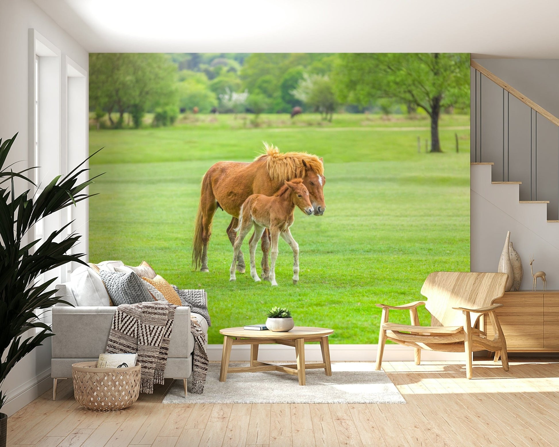 Soft meadow and foal wall mural in a contemporary dining area.