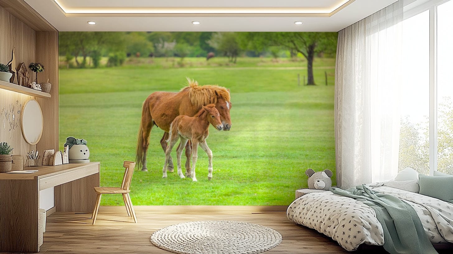 Detailed young horse wallpaper for a modern reception area accent wall.