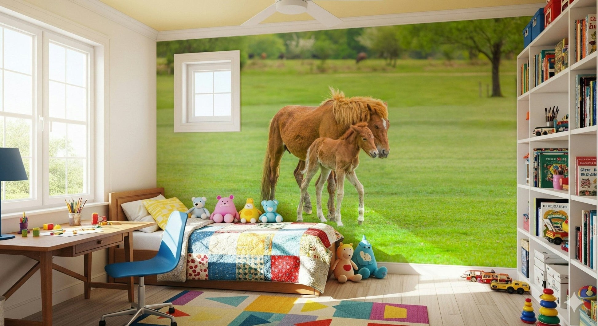 Minimalist wildlife wall mural in a quiet study or reading corner.