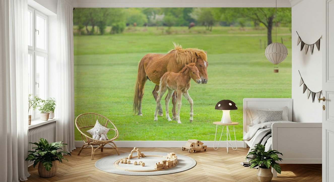 Foal's First Steps Wall Mural in a bright living room with neutral tones wallpaper.
