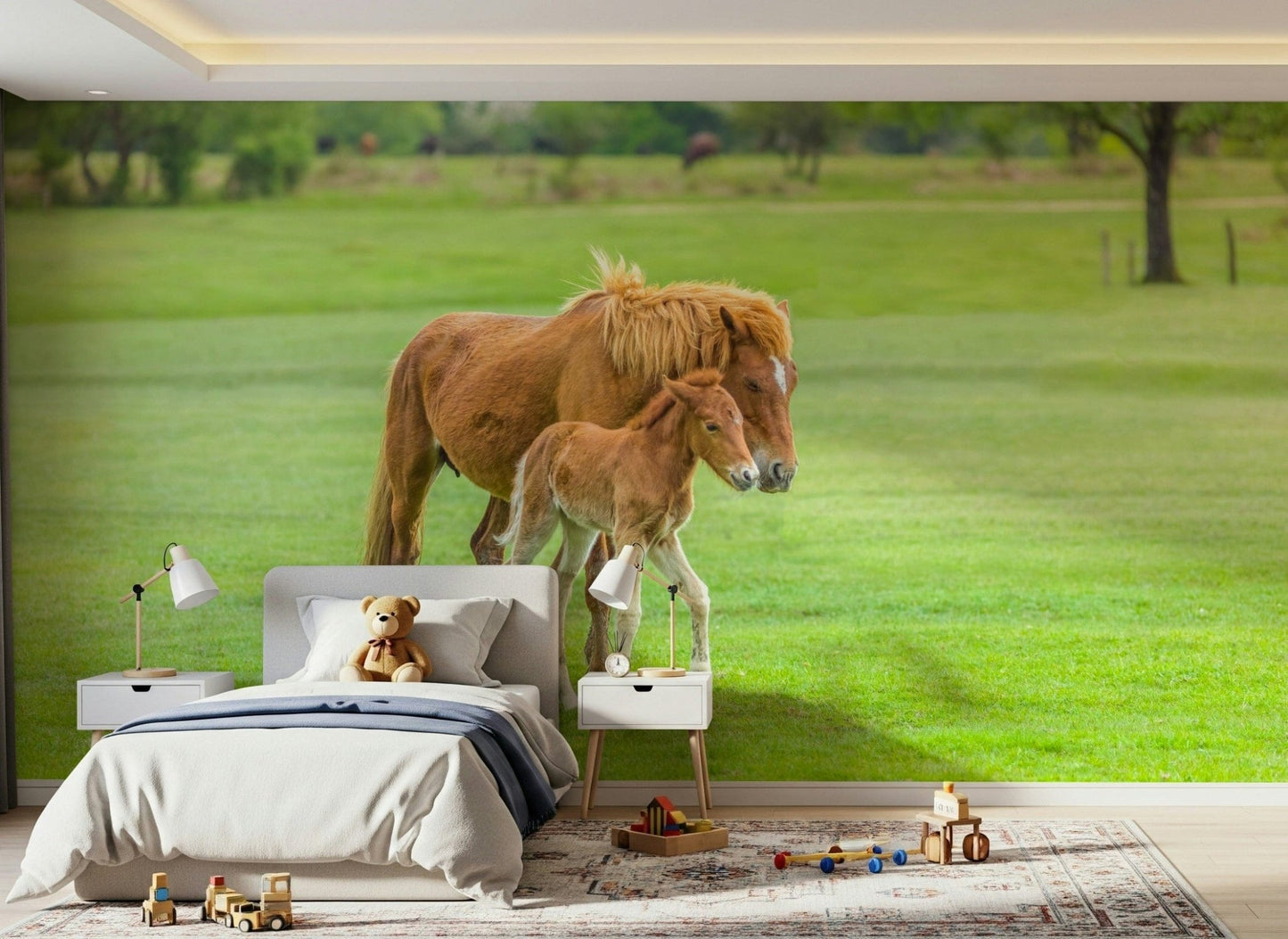 Large scale horse wallpaper for an open plan apartment living space.