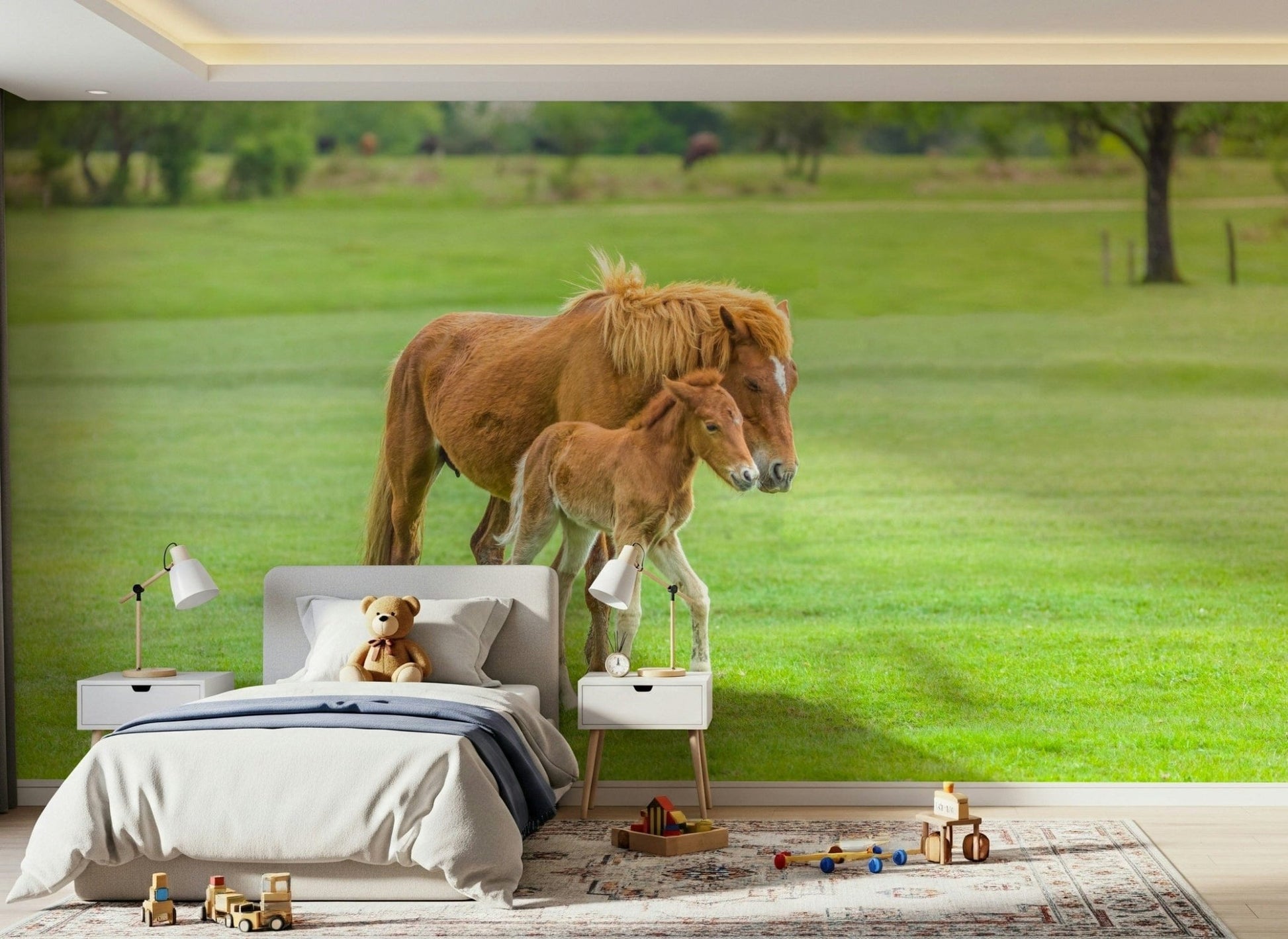 Large scale horse wallpaper for an open plan apartment living space.