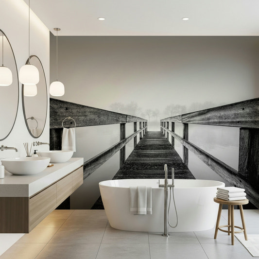 A beautiful panoramic vista wallpaper mural of a bridge obscured by mist.