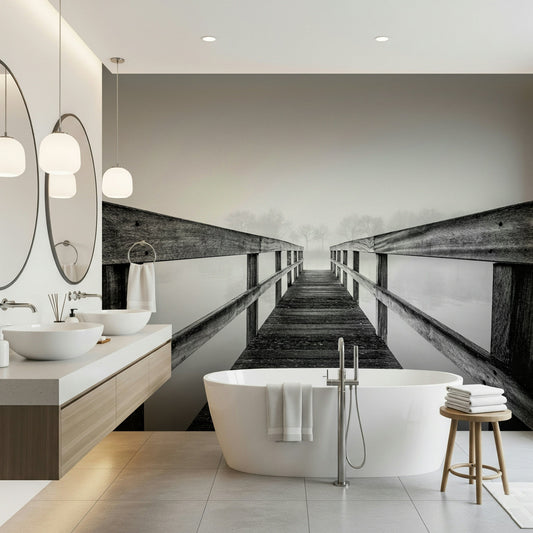 A beautiful panoramic vista wallpaper mural of a bridge obscured by mist.