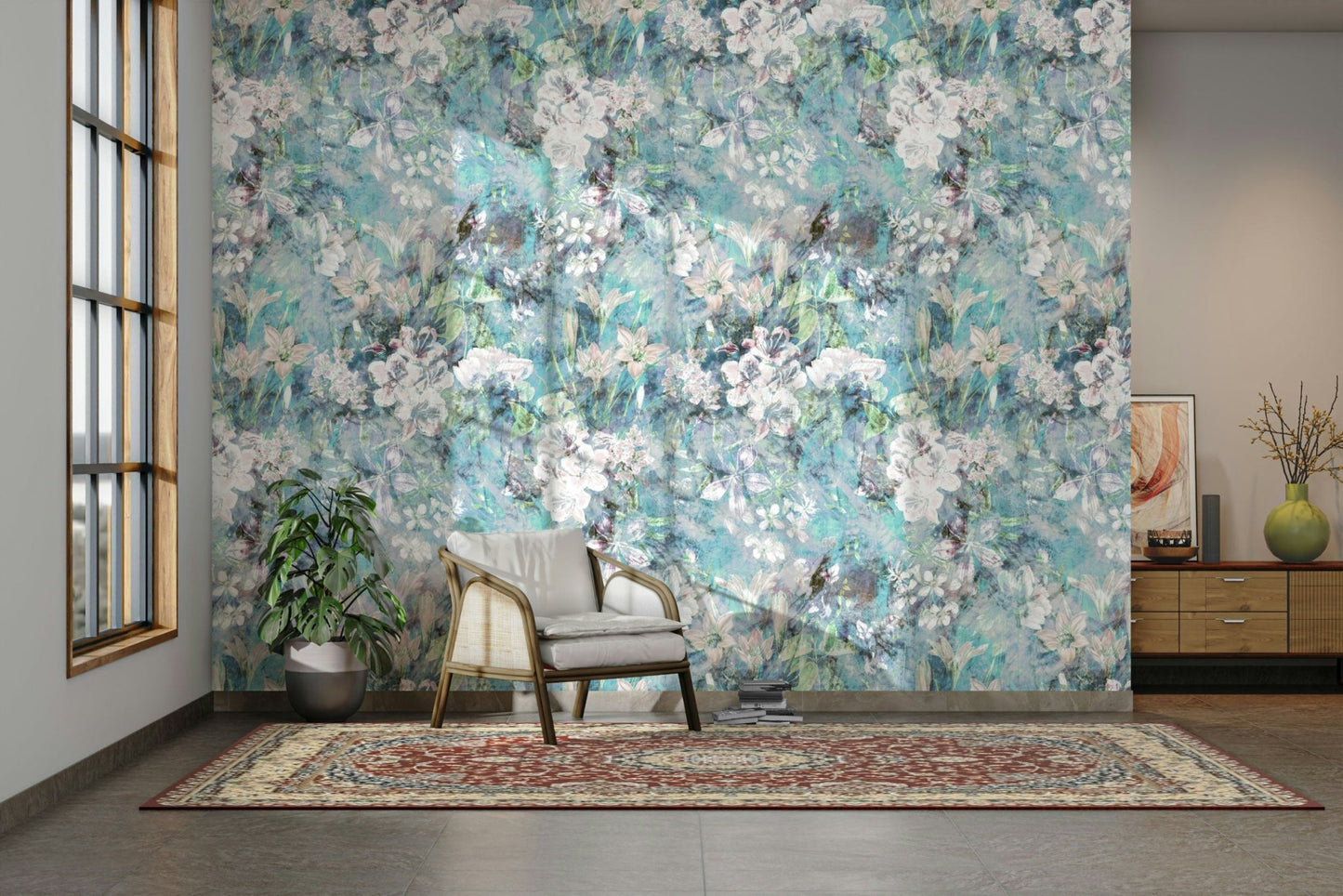 Serene flower design wall mural.
