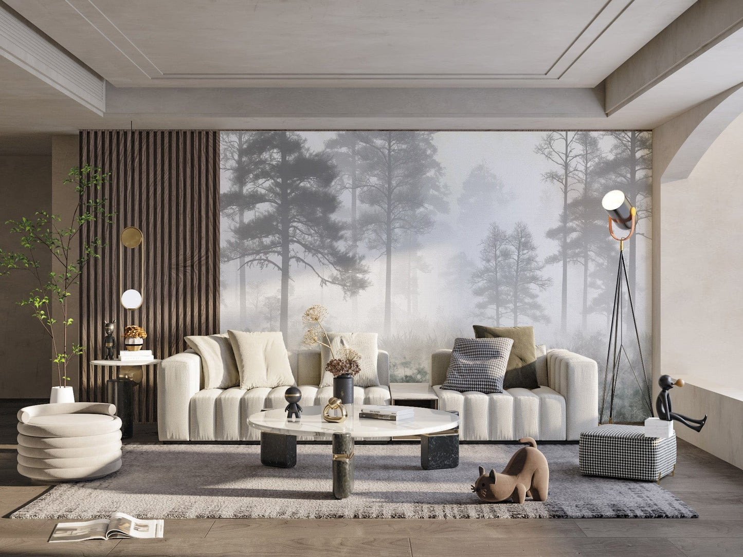 Calm foggy woodland wallpaper design
