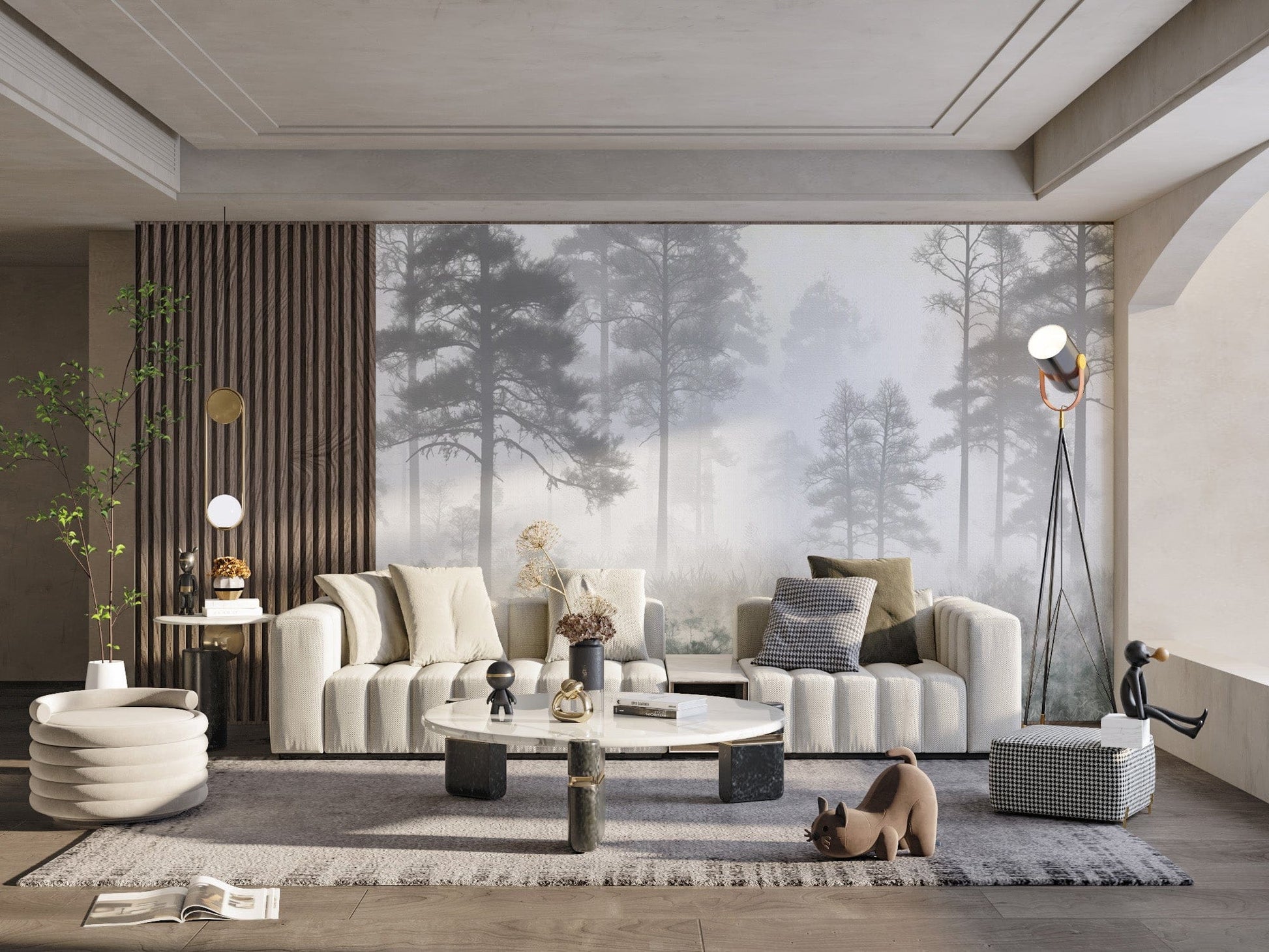 Calm foggy woodland wallpaper design
