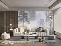 Calm foggy woodland wallpaper design
