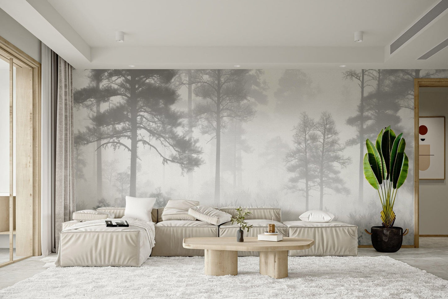Serene misty forest wall wallpaper
