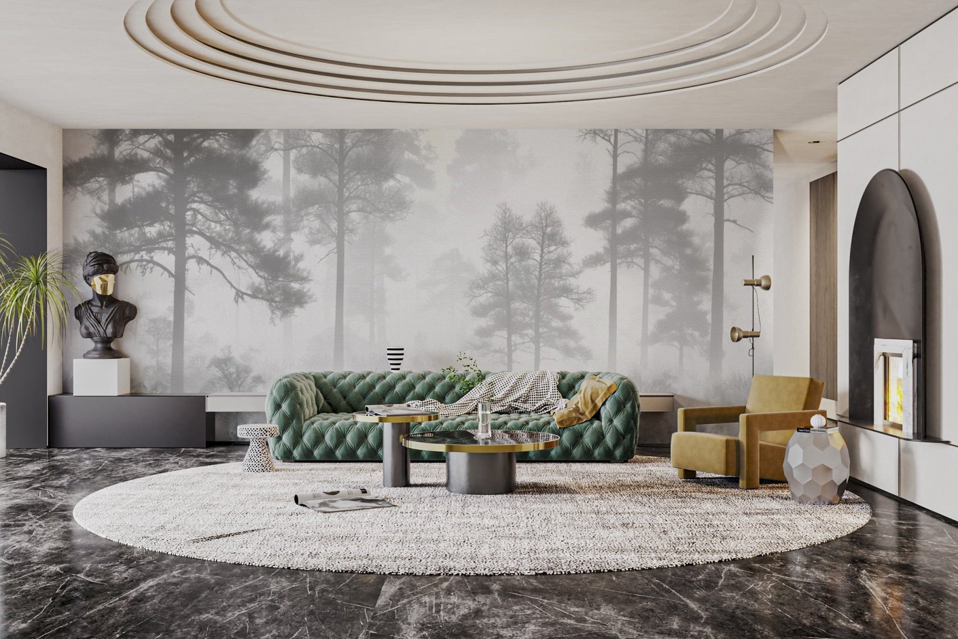 Fog-covered forest wall design
