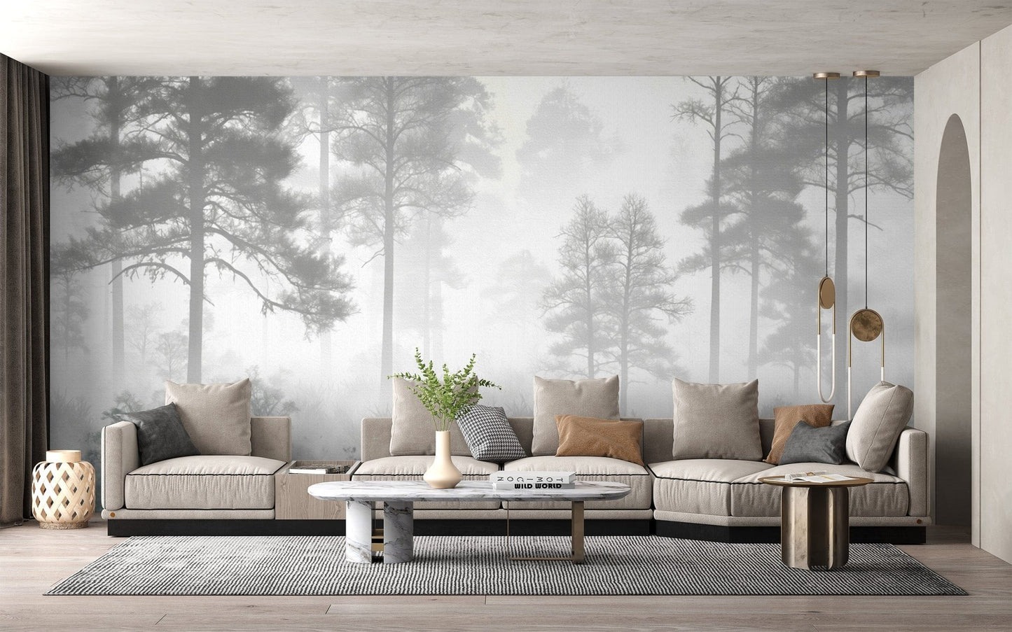 Foggy pine forest wall covering
