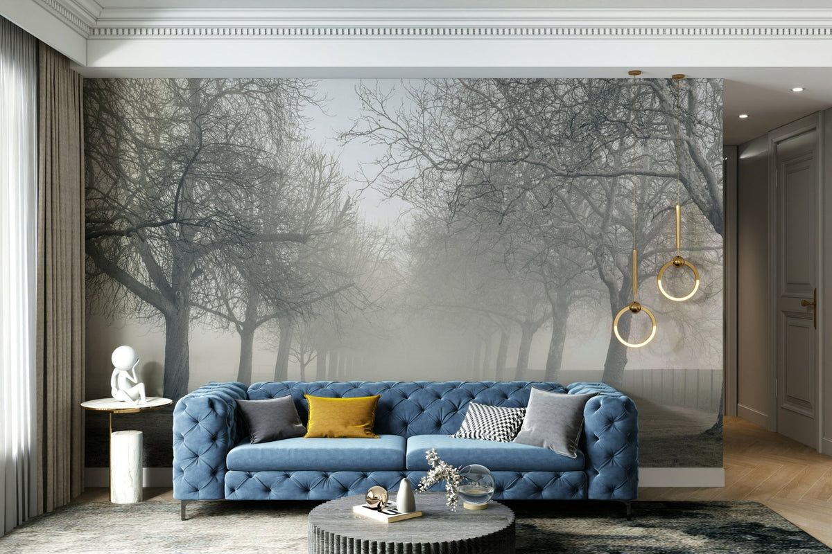 Foggy Forest Lane Wall Mural with spooky bare trees in mist GD5032