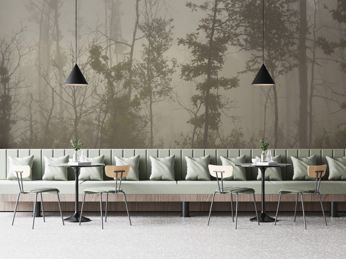 Soft mist-covered forest wallpaper D303
