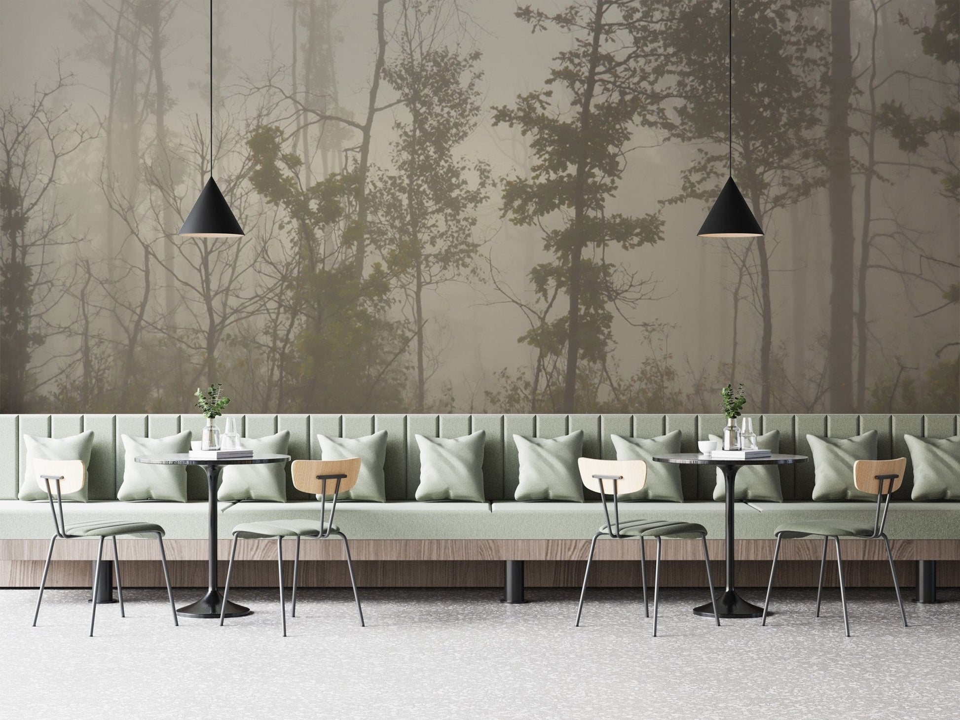 Soft mist-covered forest wallpaper D303
