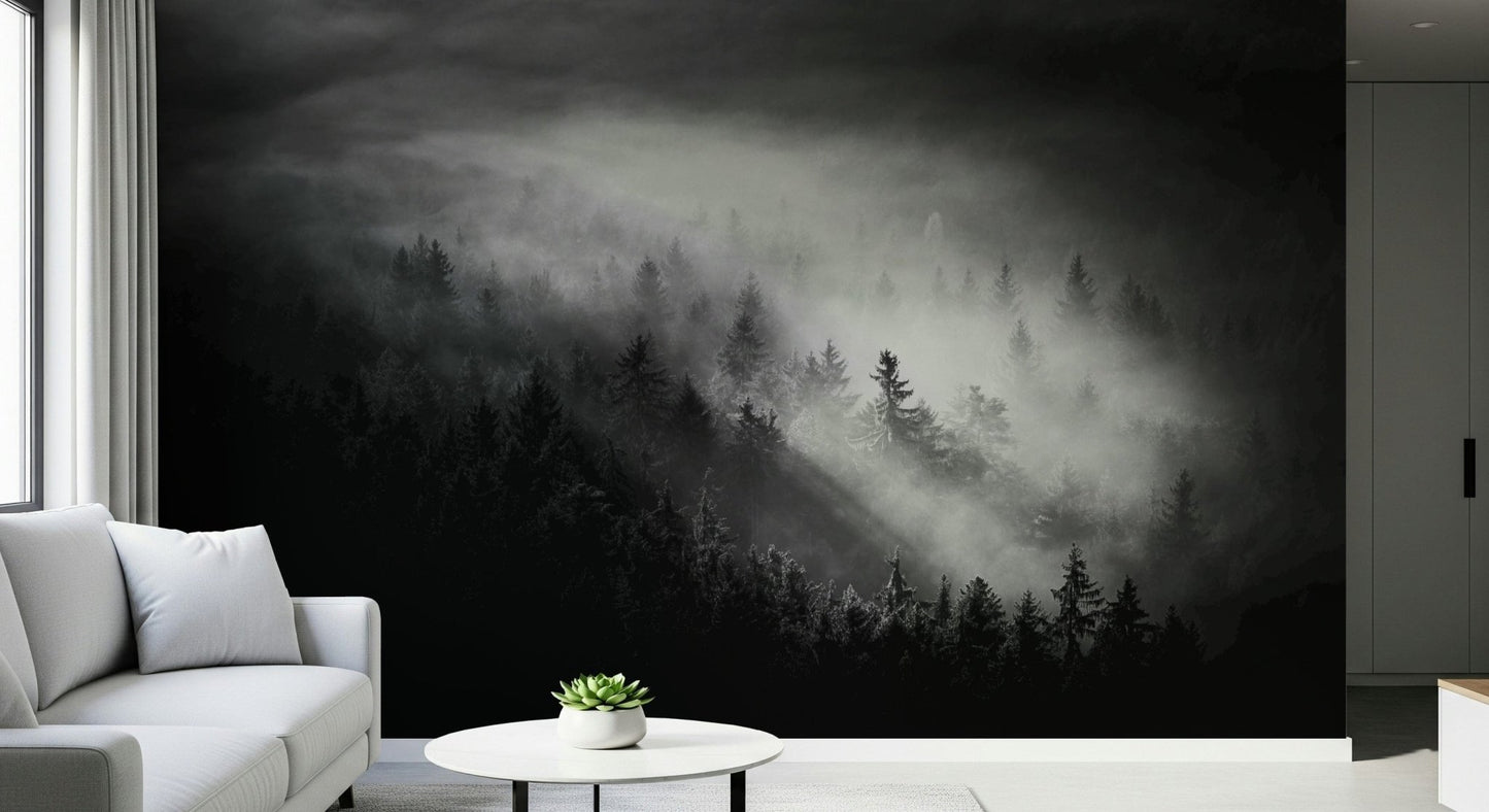 Shadowy dense timberland view Foggy Forest Woodland decorative wall poster.
