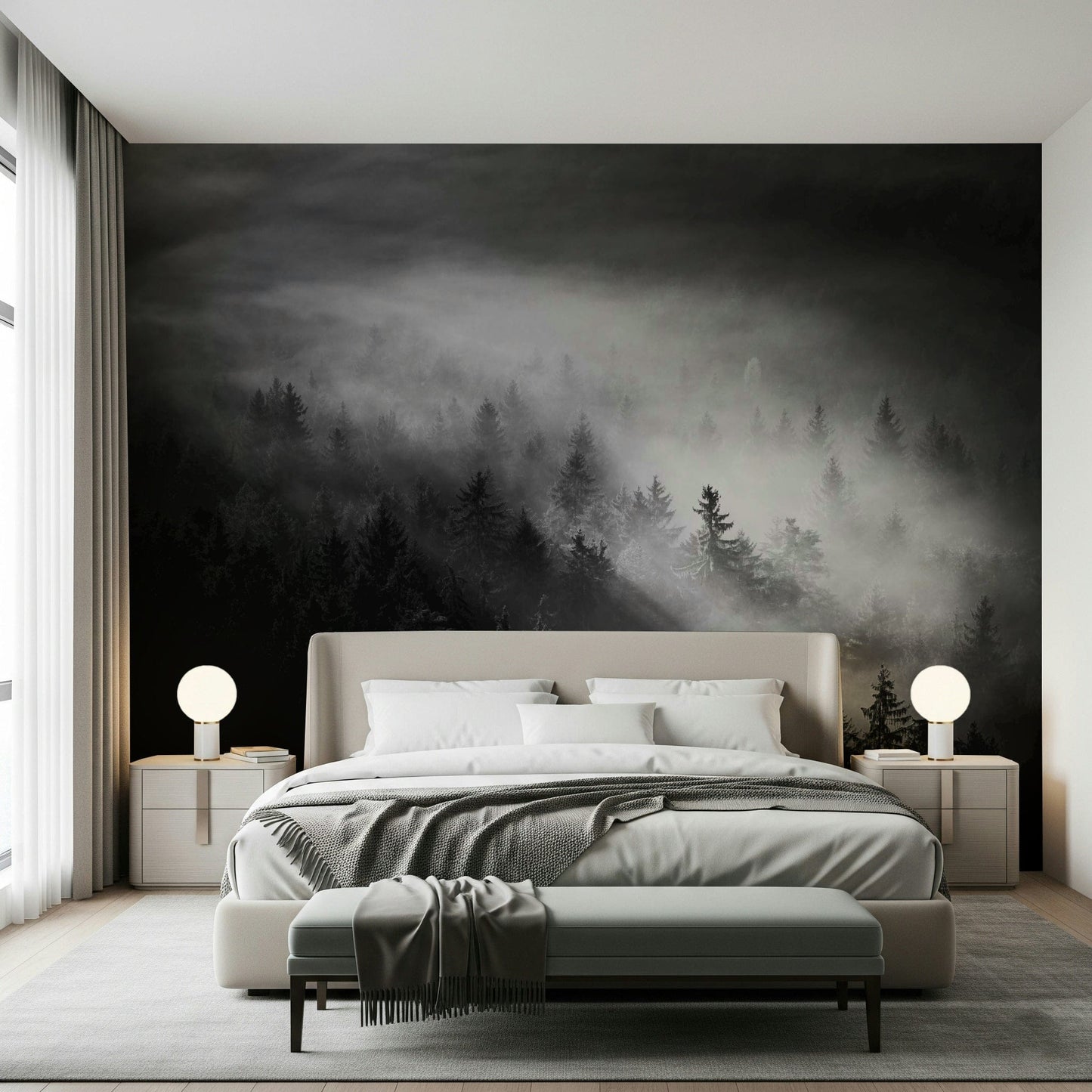 Radiant sunbeams over the mist Foggy Forest Woodland room wall art.