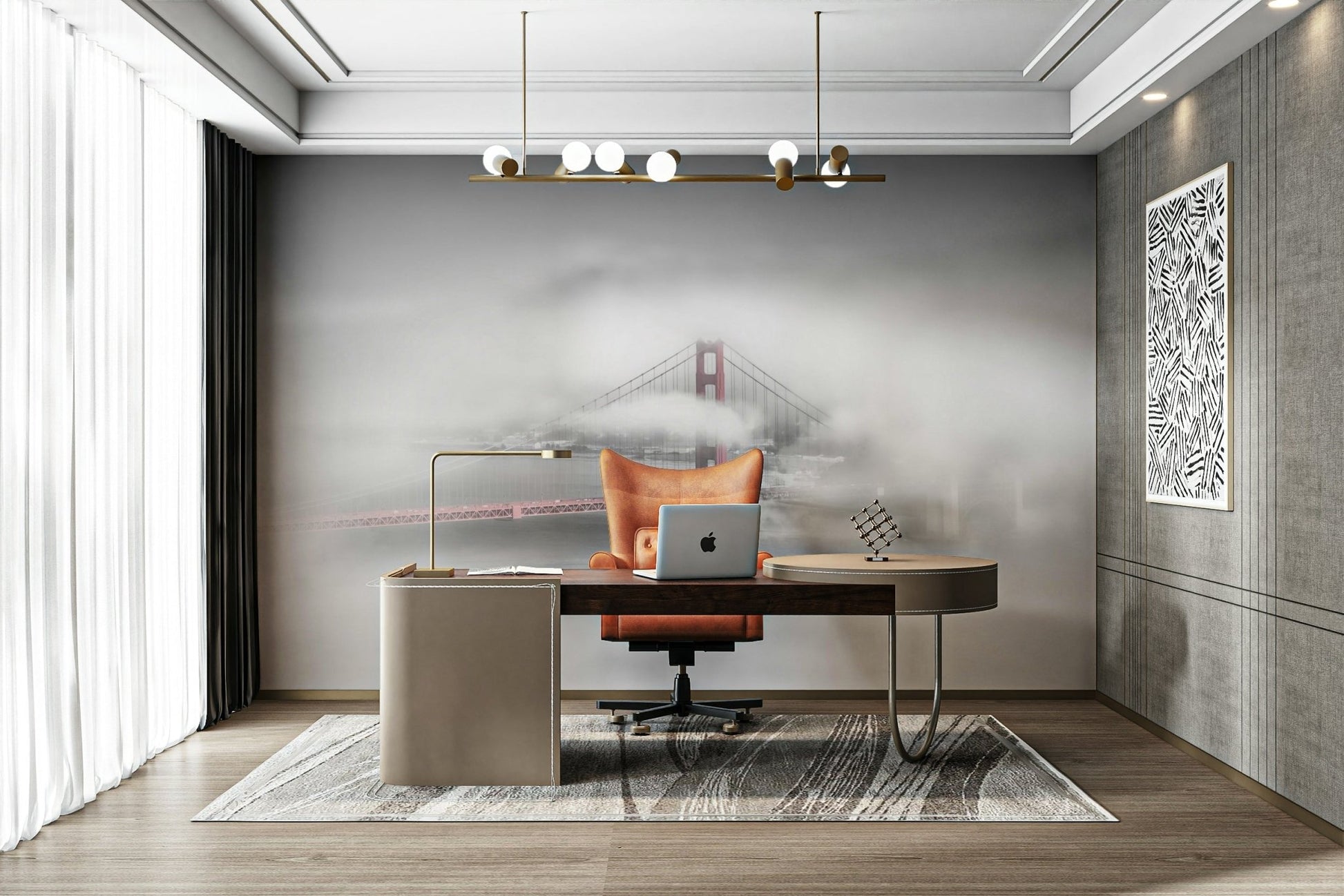 Red bridge mural set against cloudy sky background

