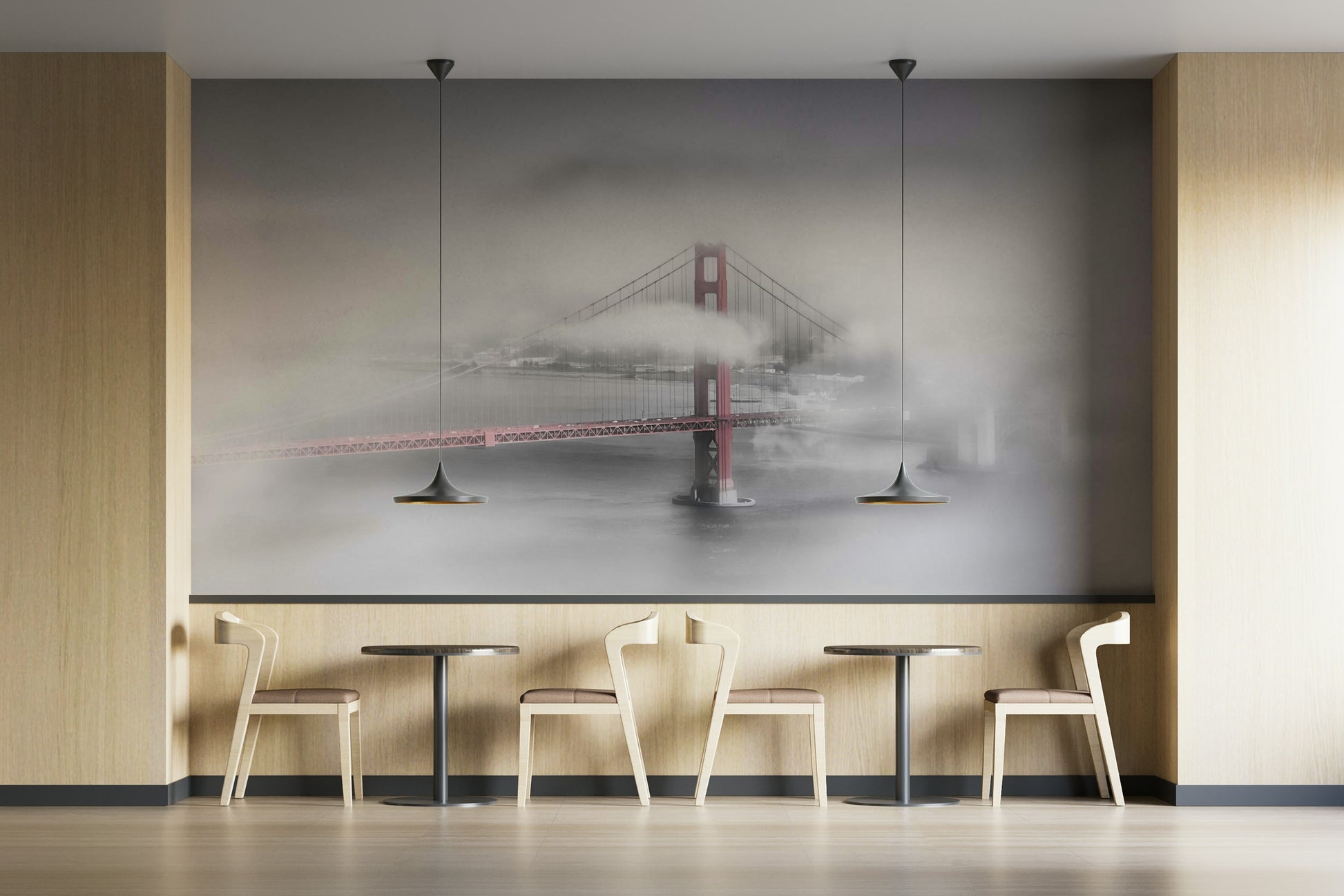 Monochrome city mural with colored bridge feature

