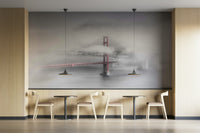 Monochrome city mural with colored bridge feature

