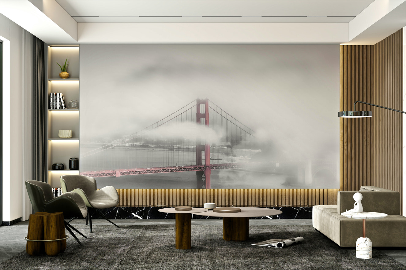 Golden Gate Bridge in fog mural with red color key

