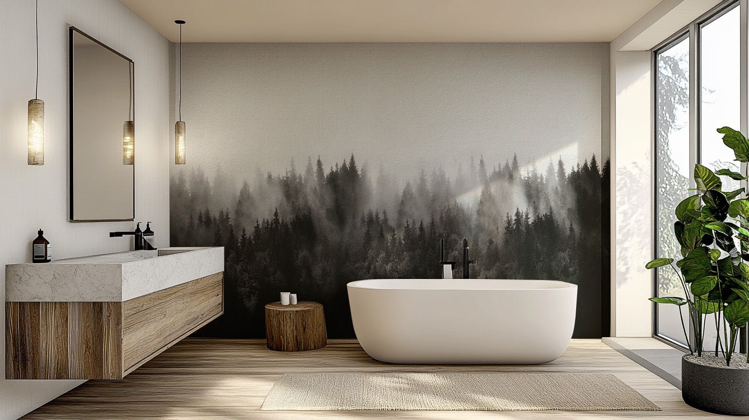 Misty pine forest wallpaper adds depth to any interior. B753
