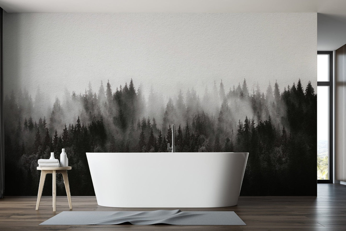 Lush forest mural featuring misty pine trees for refined decor. B753
