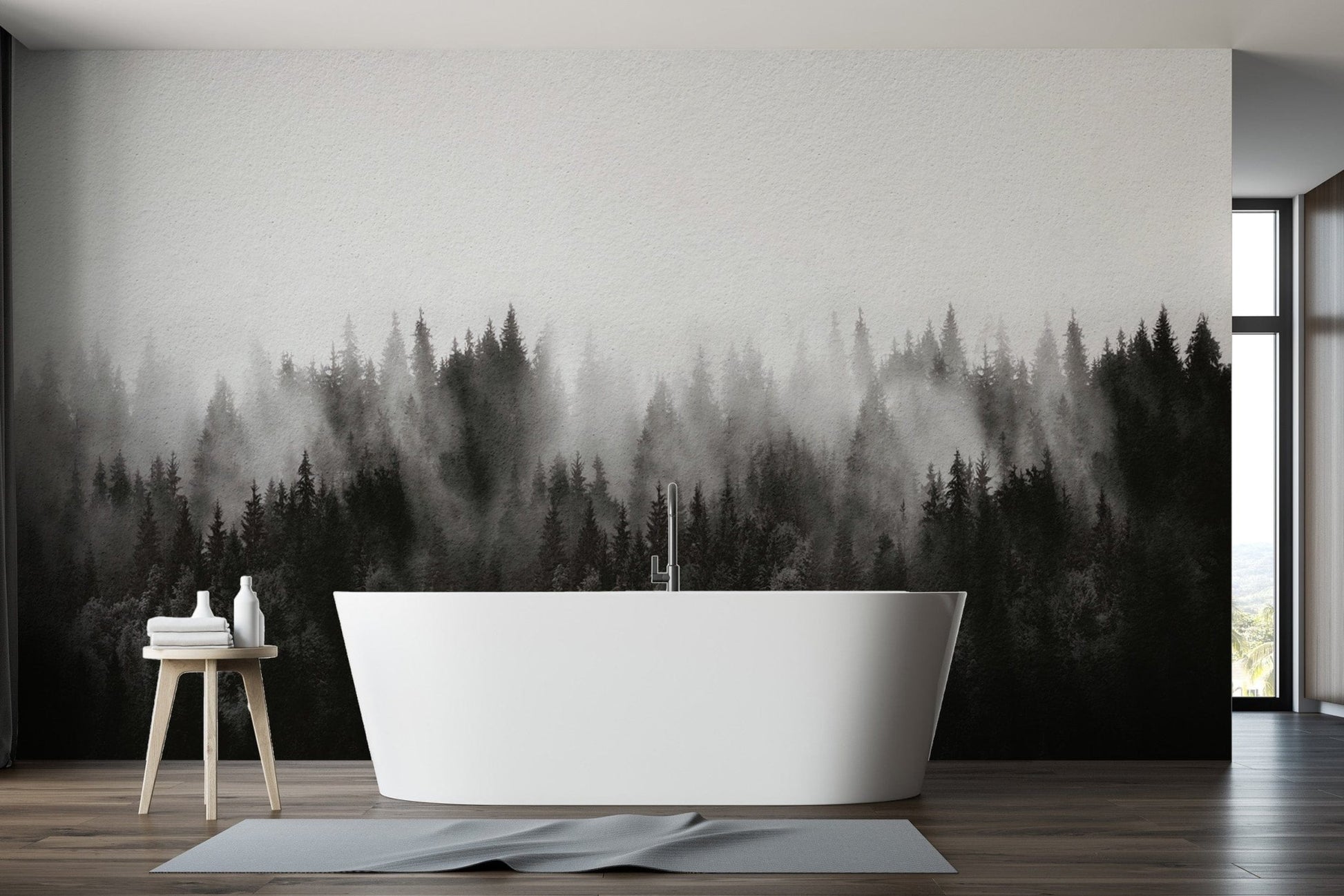Lush forest mural featuring misty pine trees for refined decor. B753
