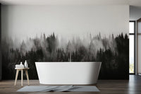 Lush forest mural featuring misty pine trees for refined decor. B753
