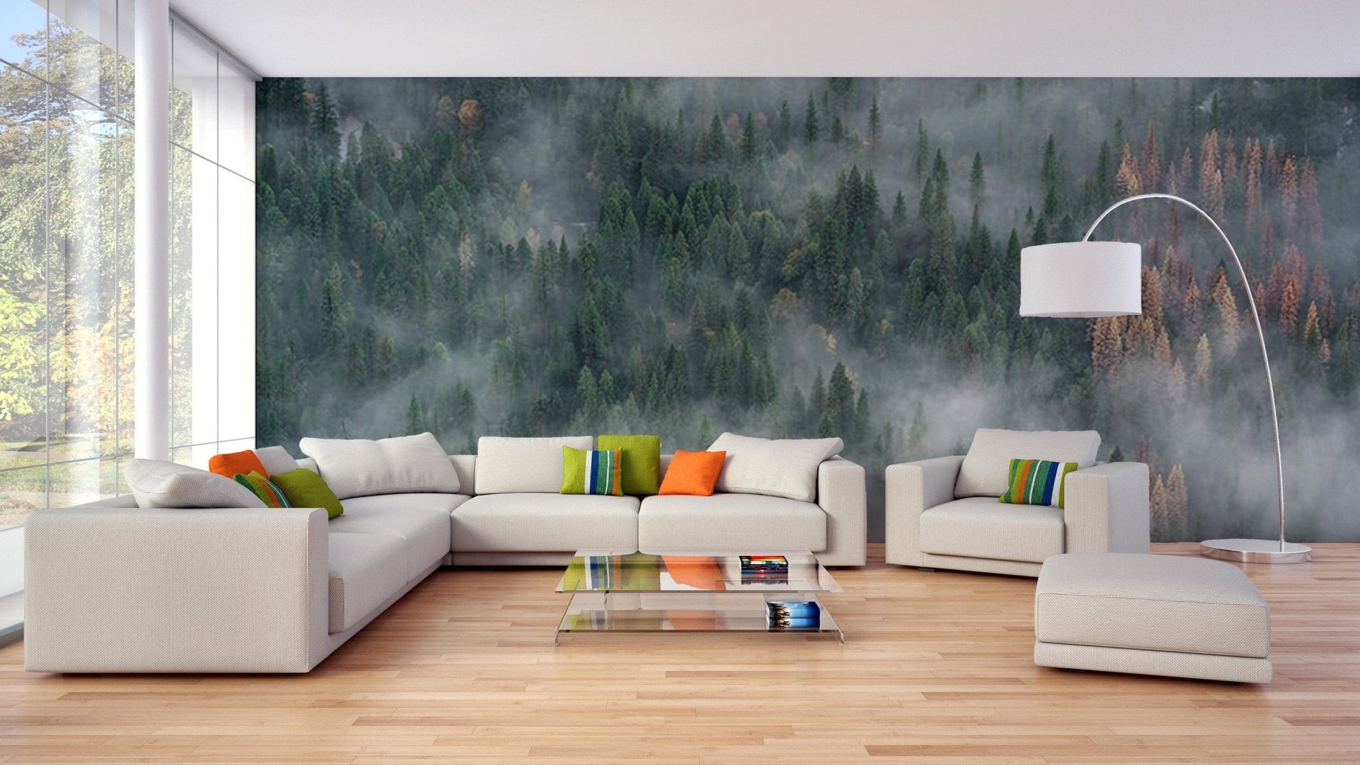Foggy pine forest wallpaper mural for walls mountain-09
