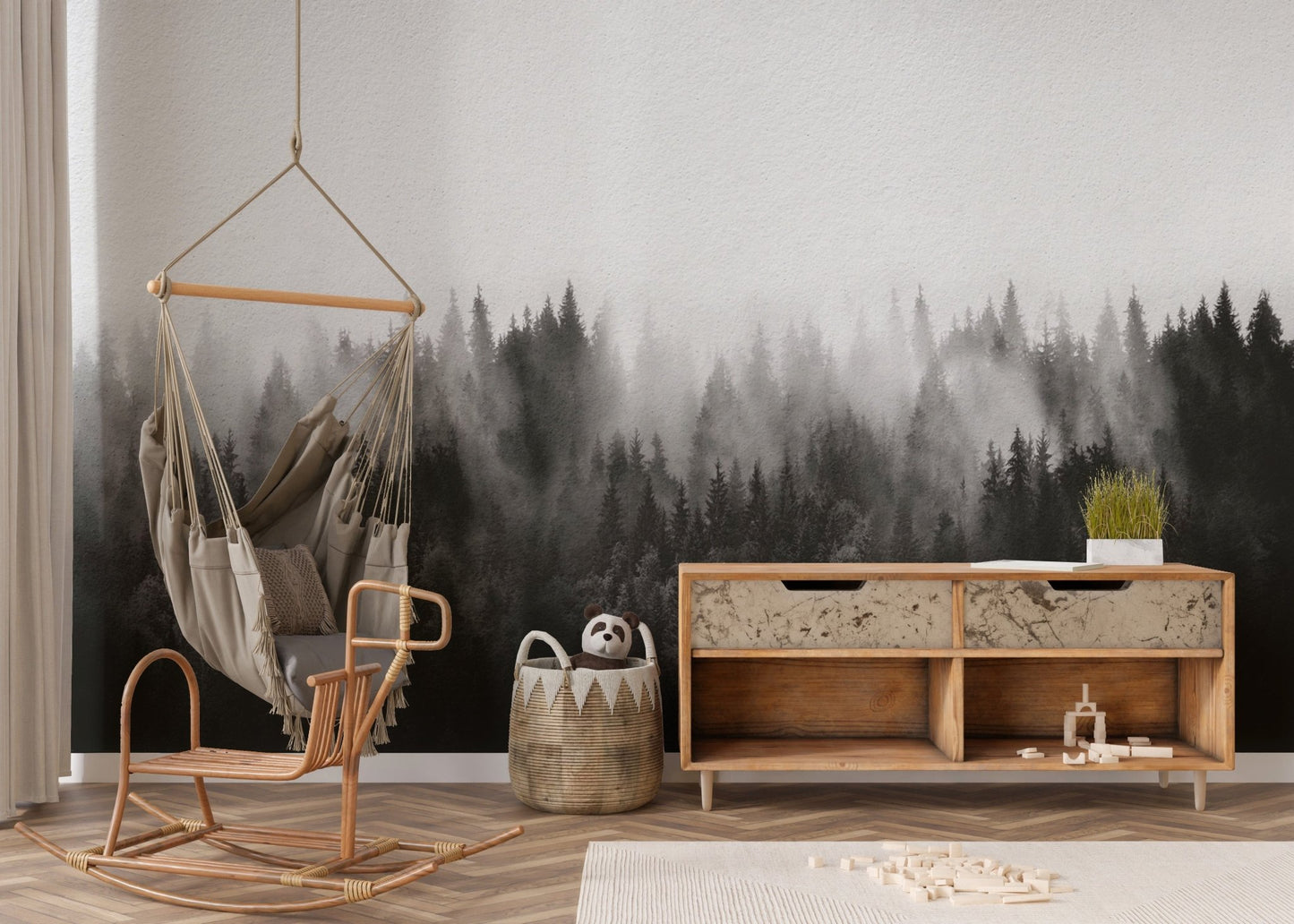 Foggy pine forest wallpaper creates a peaceful, moody vibe. B753
