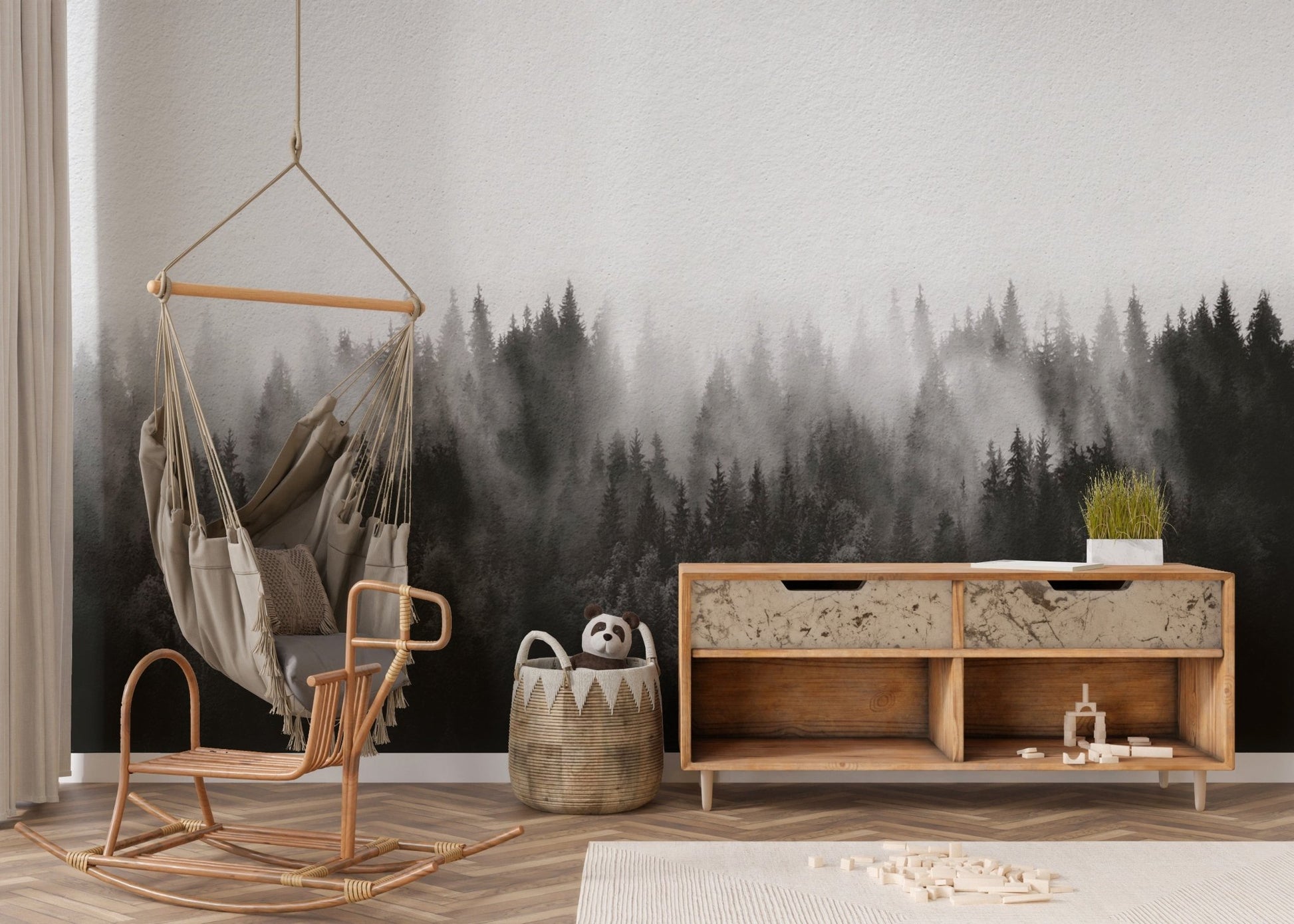 Foggy pine forest wallpaper creates a peaceful, moody vibe. B753
