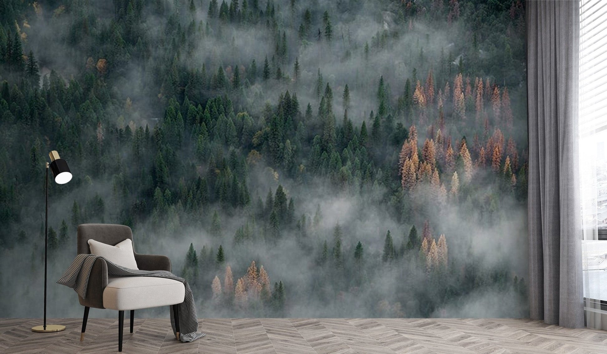 Pine forest mural wallpaper with foggy atmosphere mountain-09
