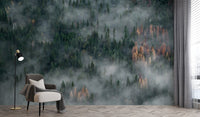 Pine forest mural wallpaper with foggy atmosphere mountain-09
