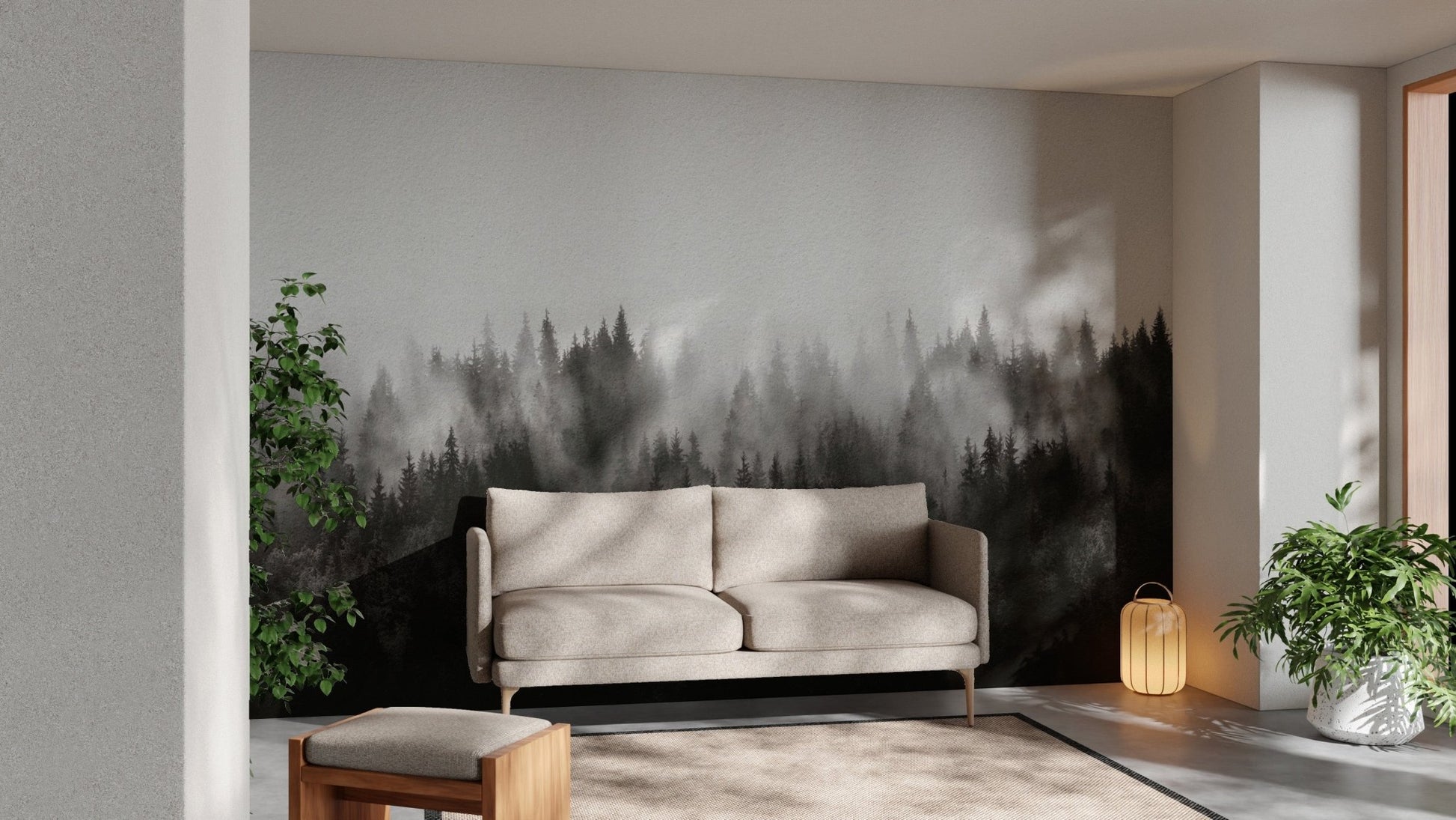 Dreamy foggy pine forest mural for nature-inspired spaces. B753
