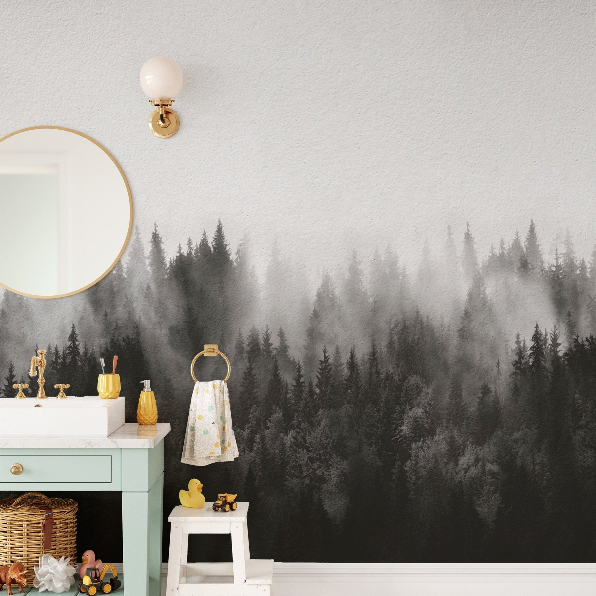 Sophisticated foggy forest mural for a serene wall statement. B753
