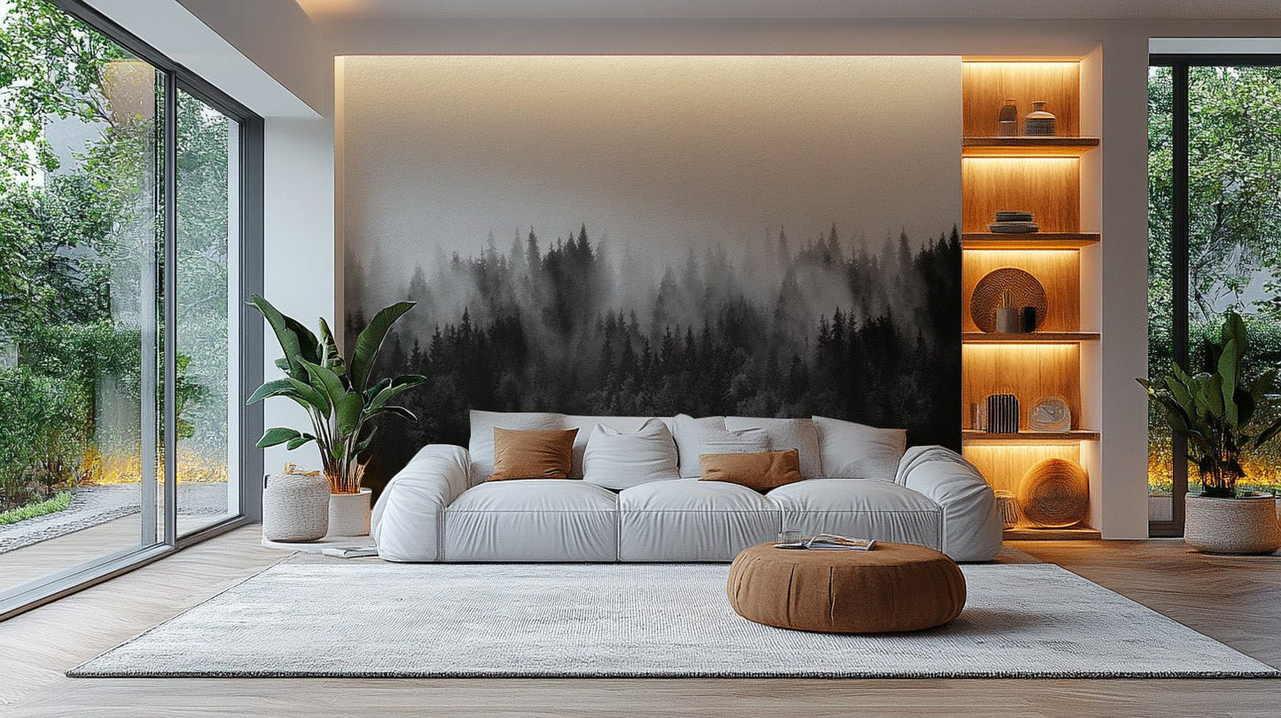Elegant foggy forest mural with soft pine tree silhouettes. B753
