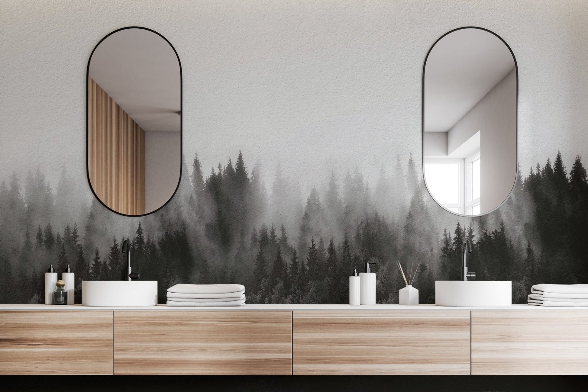 Serene foggy pine forest mural for tranquil wall decor. B753
