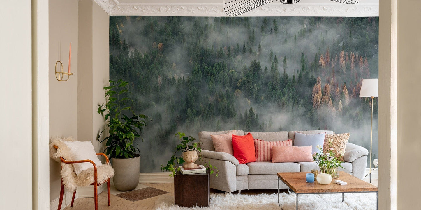 Wallpaper mural with foggy pine forest design mountain-09
