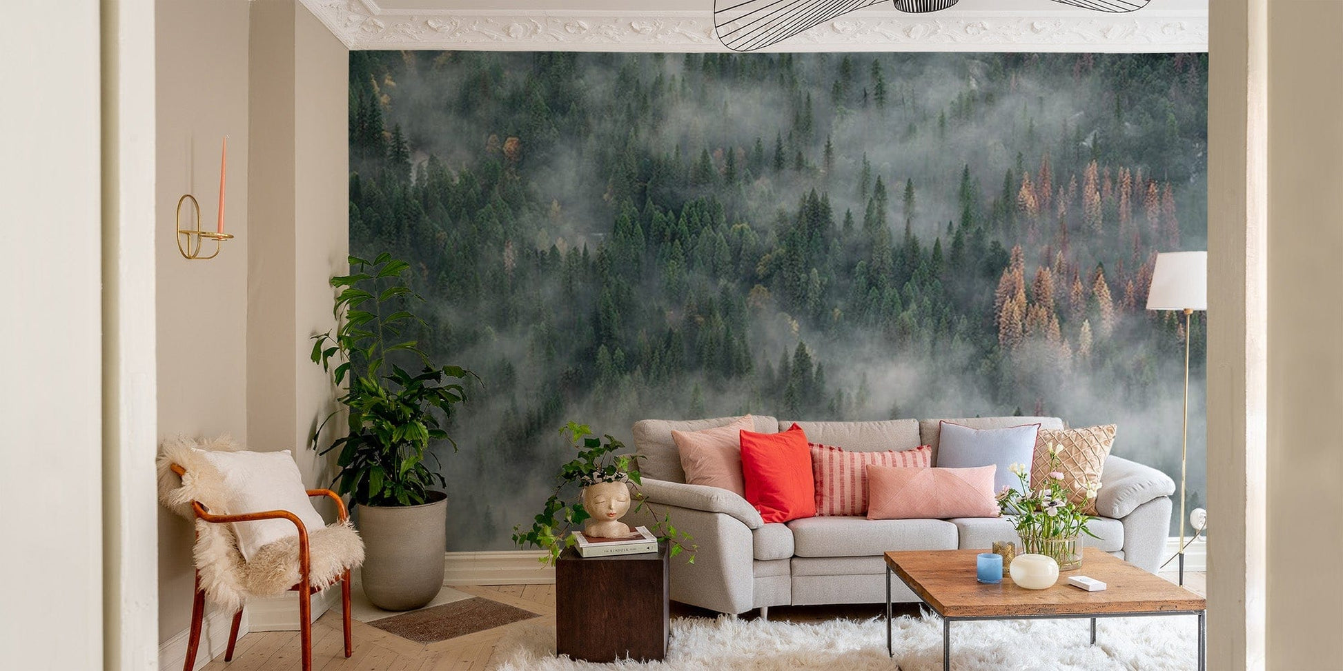 Wallpaper mural with foggy pine forest design mountain-09
