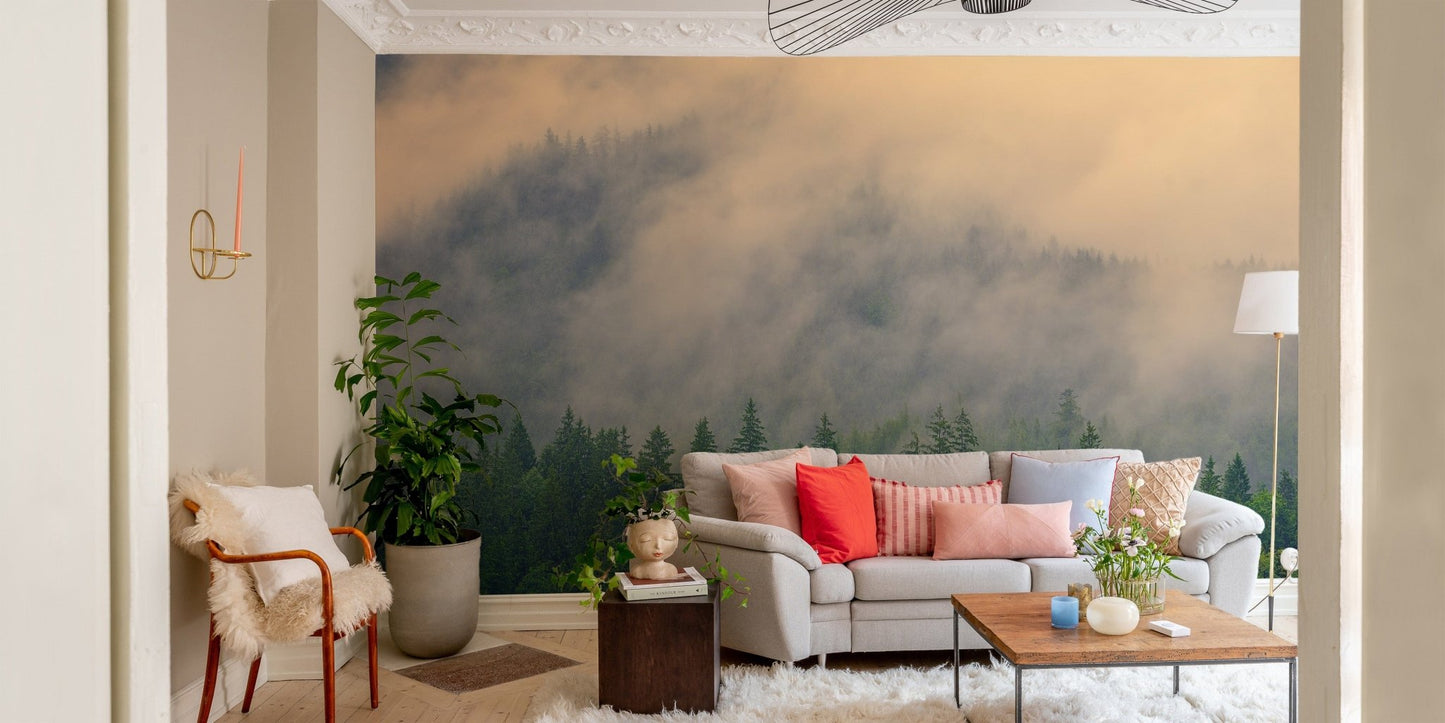 Pine woods fog wall mural
