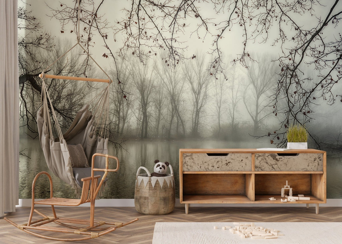 Foggy woodland wallpaper mural with spooky forest vibes A656
