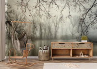 Foggy woodland wallpaper mural with spooky forest vibes A656
