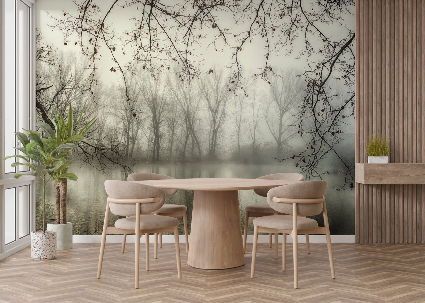 Foggy Spooky Woodland Forest With River Wallpaper Murals - Giffywalls A656