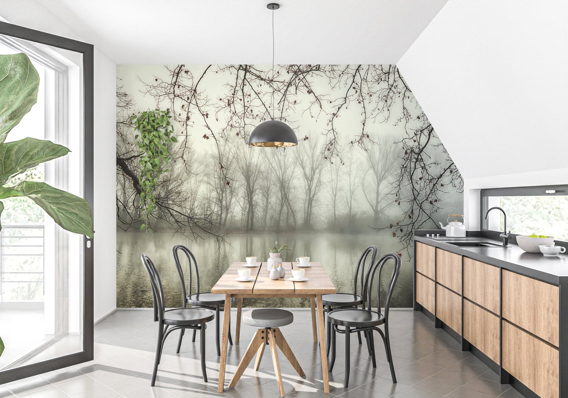 Enchanting foggy forest wallpaper mural for walls A656
