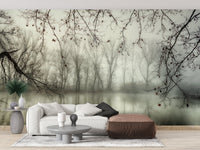 Foggy Spooky Woodland Forest With River Wallpaper Murals - Giffywalls A656