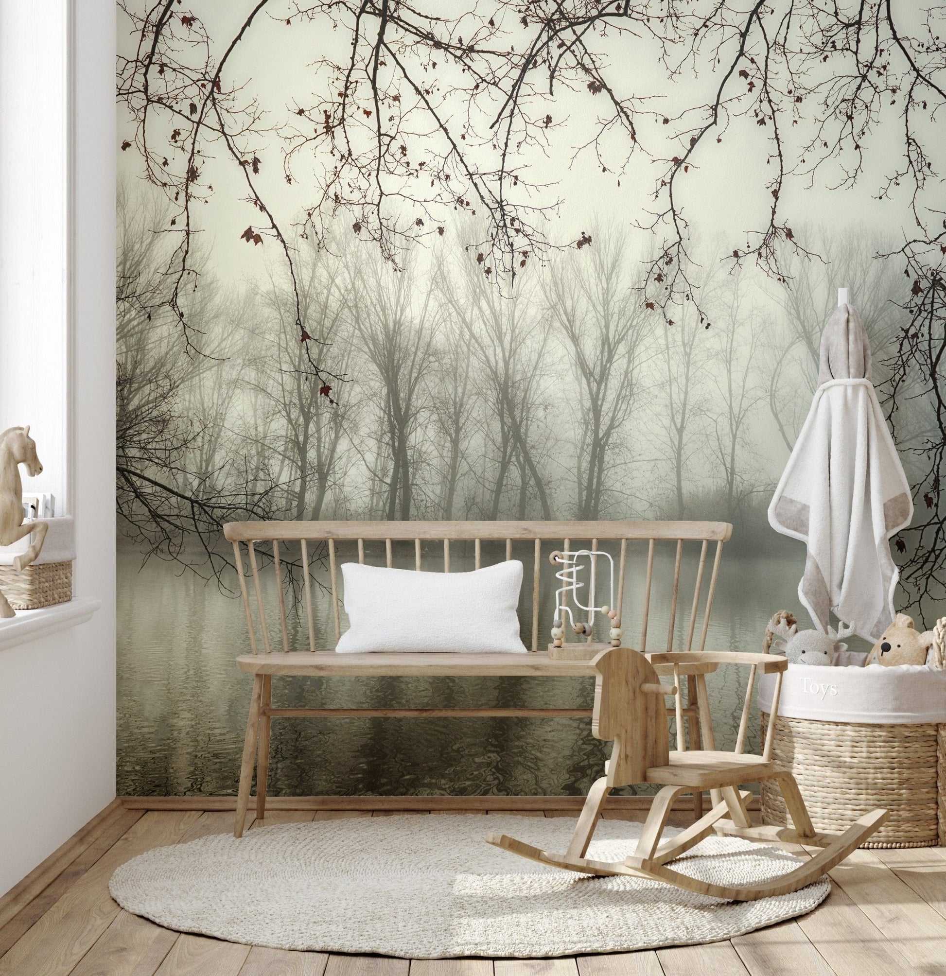 Spooky forest wallpaper mural featuring a serene river A656