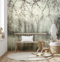 Spooky forest wallpaper mural featuring a serene river A656