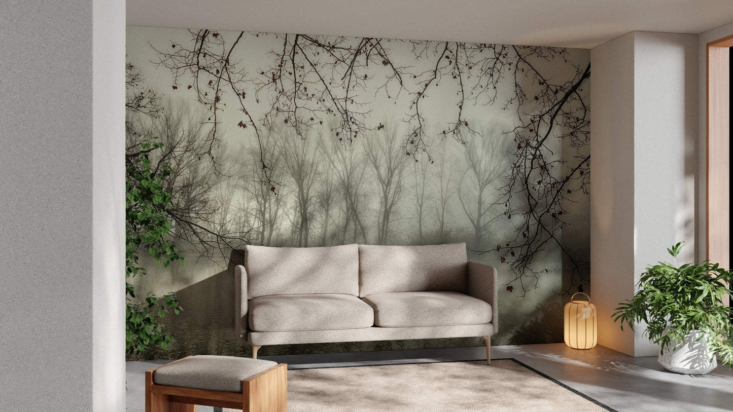 Foggy river wallpaper mural for a serene forest look A656