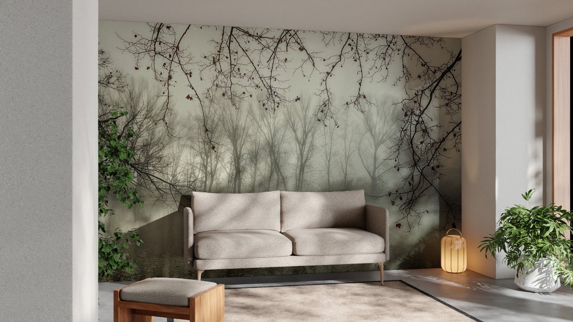 Foggy river wallpaper mural for a serene forest look A656