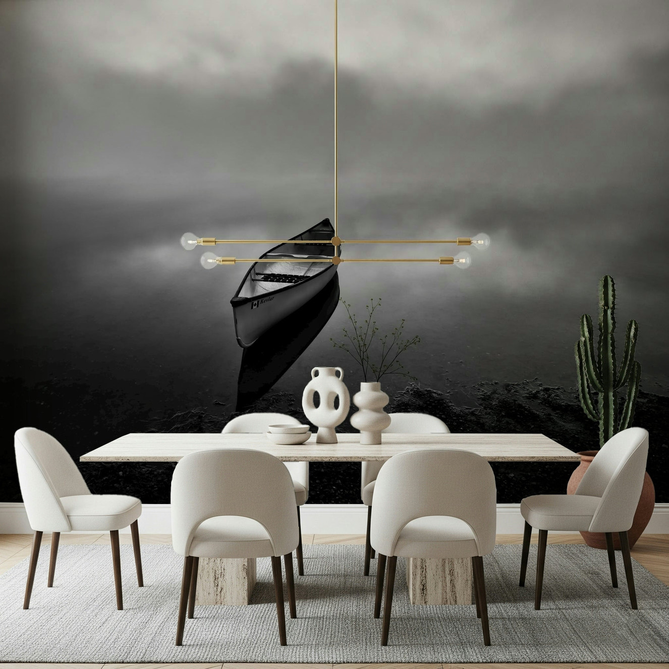 A beautiful foggy sea wallpaper mural with a subtle ship or coastline silhouette.